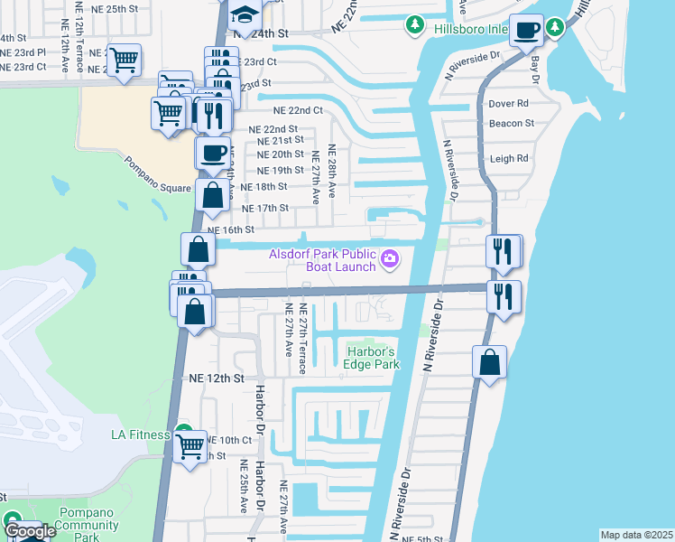 map of restaurants, bars, coffee shops, grocery stores, and more near 2815 Northeast 15th Street in Pompano Beach