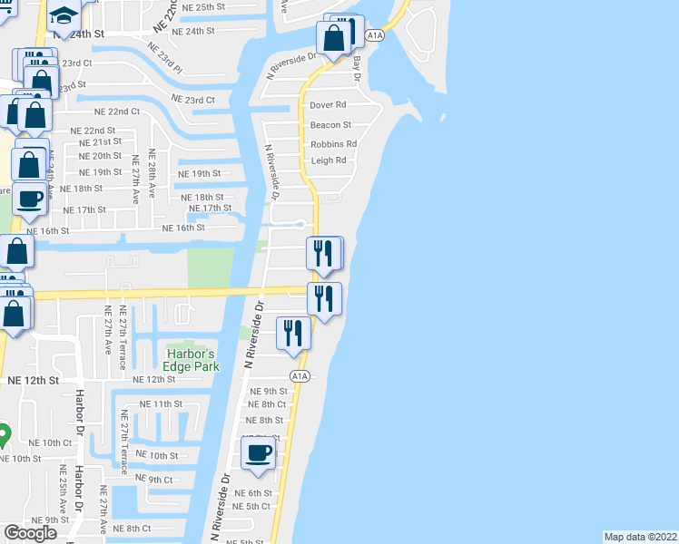 map of restaurants, bars, coffee shops, grocery stores, and more near 1504 North Ocean Boulevard in Pompano Beach