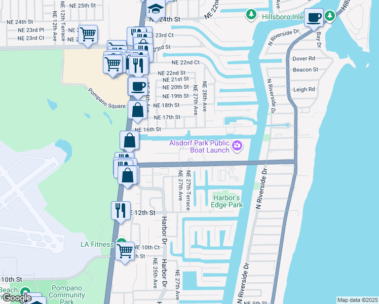 map of restaurants, bars, coffee shops, grocery stores, and more near 250 Northeast 27th Terrace in Pompano Beach