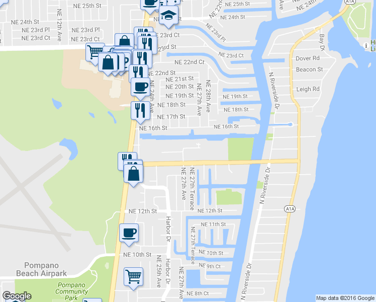 map of restaurants, bars, coffee shops, grocery stores, and more near 250 Northeast 27th Terrace in Pompano Beach