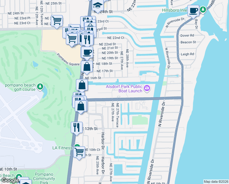 map of restaurants, bars, coffee shops, grocery stores, and more near 250 Northeast 27th Terrace in Pompano Beach