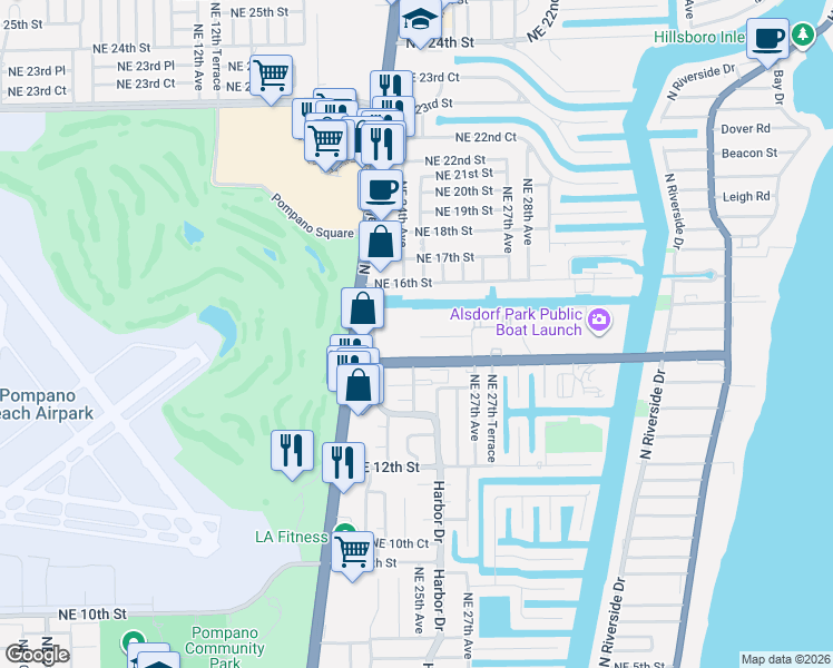 map of restaurants, bars, coffee shops, grocery stores, and more near 2519 Northeast 15th Street in Pompano Beach