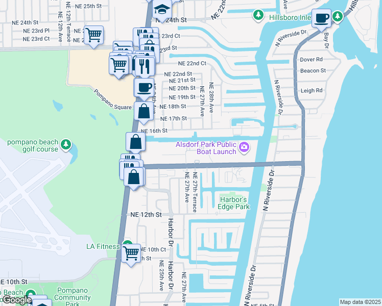 map of restaurants, bars, coffee shops, grocery stores, and more near 2875 Northeast 15th Street in Pompano Beach