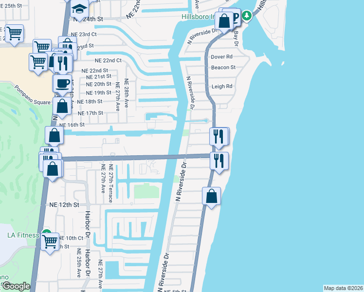 map of restaurants, bars, coffee shops, grocery stores, and more near 1505 North Riverside Drive in Pompano Beach