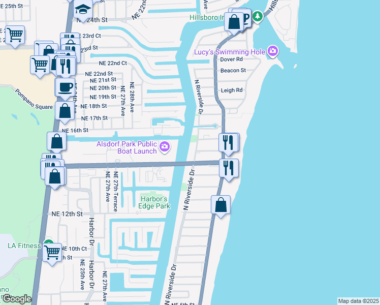 map of restaurants, bars, coffee shops, grocery stores, and more near 1505 North Riverside Drive in Pompano Beach