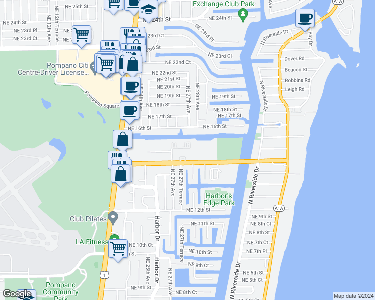 map of restaurants, bars, coffee shops, grocery stores, and more near 2843 Northeast 15th Street in Pompano Beach