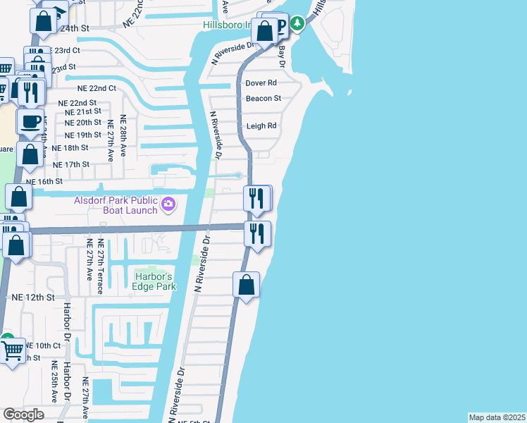 map of restaurants, bars, coffee shops, grocery stores, and more near 1504 North Ocean Boulevard in Pompano Beach
