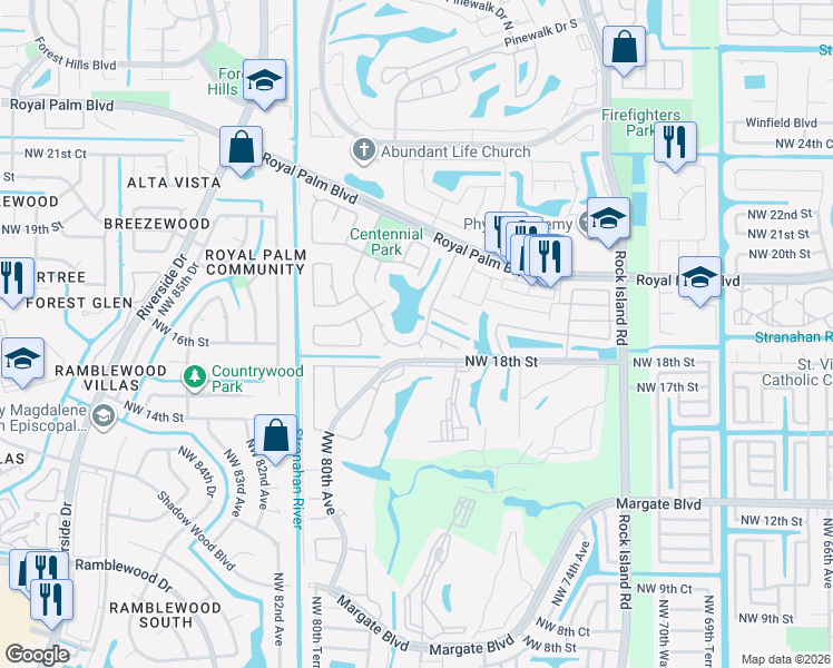 map of restaurants, bars, coffee shops, grocery stores, and more near 7625 Sunflower Drive in Margate