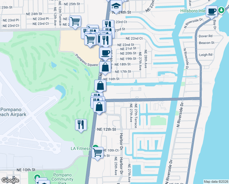 map of restaurants, bars, coffee shops, grocery stores, and more near 2519 Northeast 15th Street in Pompano Beach