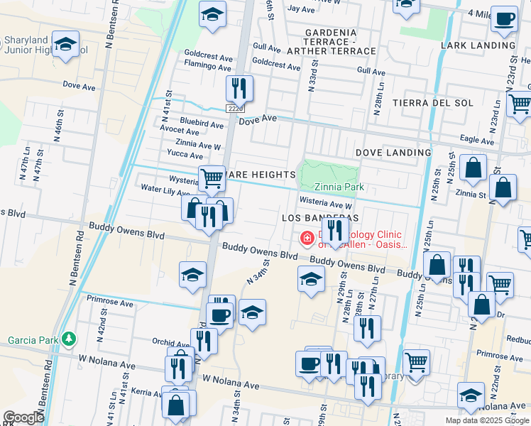 map of restaurants, bars, coffee shops, grocery stores, and more near 3413 Water Lily Avenue in McAllen