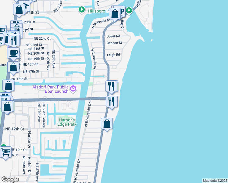 map of restaurants, bars, coffee shops, grocery stores, and more near 1504 North Ocean Boulevard in Pompano Beach