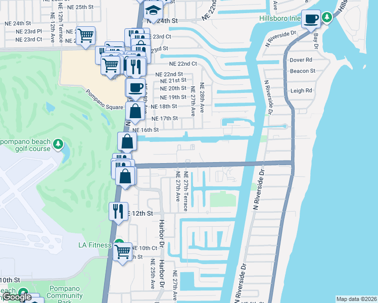 map of restaurants, bars, coffee shops, grocery stores, and more near 250 Northeast 27th Terrace in Pompano Beach