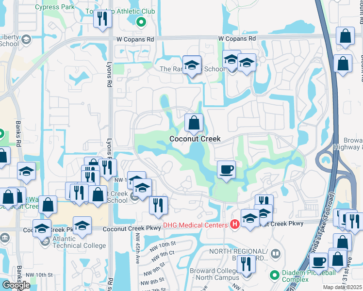 map of restaurants, bars, coffee shops, grocery stores, and more near in Coconut Creek