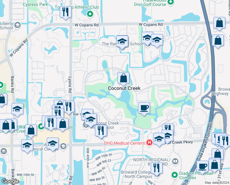 map of restaurants, bars, coffee shops, grocery stores, and more near in Coconut Creek