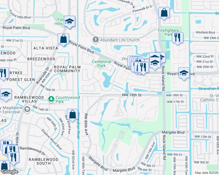 map of restaurants, bars, coffee shops, grocery stores, and more near 7625 Sunflower Drive in Margate