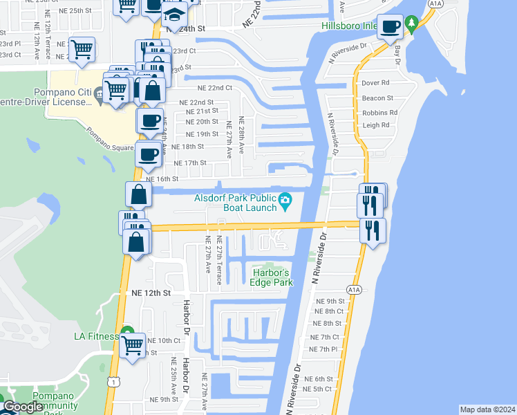 map of restaurants, bars, coffee shops, grocery stores, and more near 2731 Northeast 14th Street Causeway in Pompano Beach
