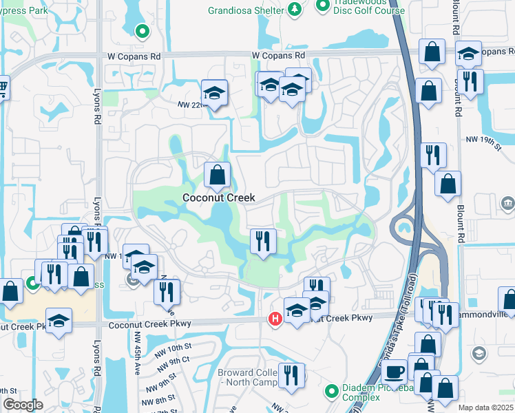 map of restaurants, bars, coffee shops, grocery stores, and more near 3300 Aruba Way in Coconut Creek