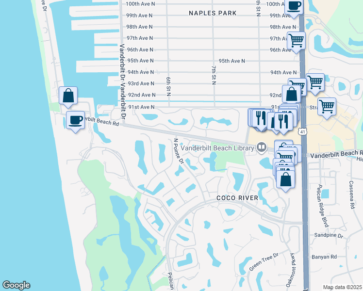 map of restaurants, bars, coffee shops, grocery stores, and more near 8880 North Pointe Drive in Naples