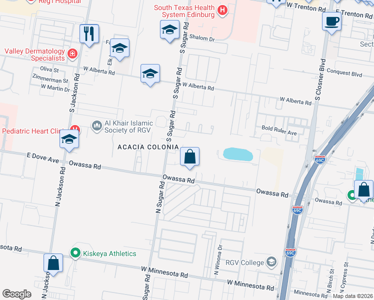 map of restaurants, bars, coffee shops, grocery stores, and more near 5502 South Sugar Road in Edinburg