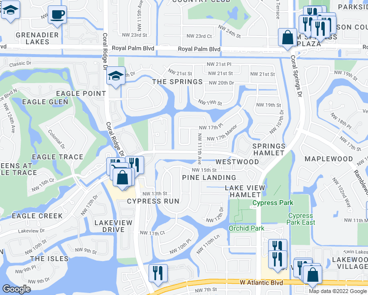 map of restaurants, bars, coffee shops, grocery stores, and more near 11198 Northwest 16th Place in Coral Springs