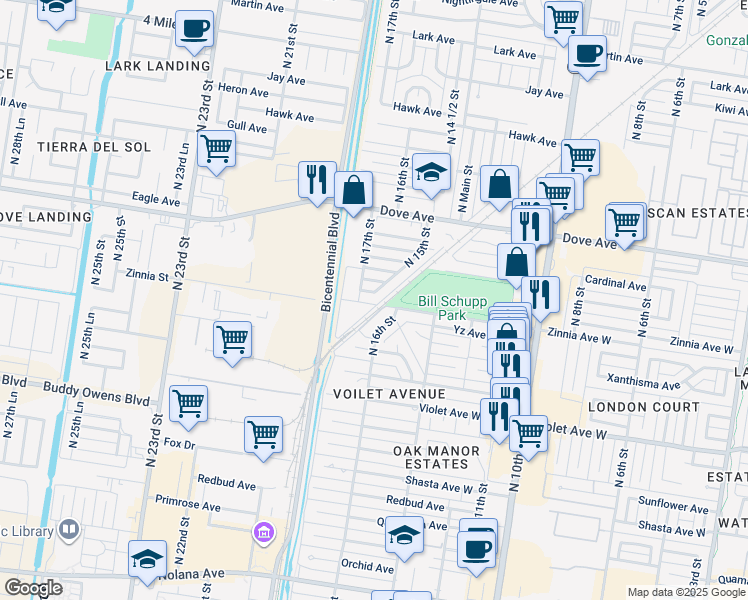 map of restaurants, bars, coffee shops, grocery stores, and more near 1601 Avocet Avenue in McAllen