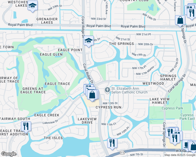map of restaurants, bars, coffee shops, grocery stores, and more near 1715 Coral Ridge Drive in Coral Springs