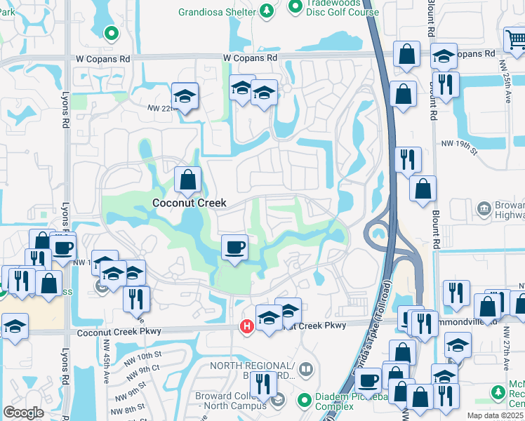 map of restaurants, bars, coffee shops, grocery stores, and more near 3306 Aruba Way in Coconut Creek