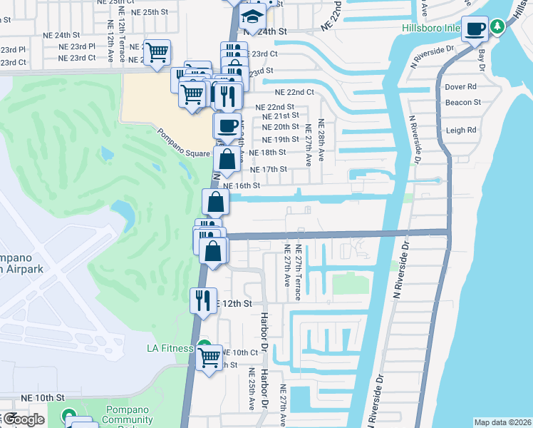 map of restaurants, bars, coffee shops, grocery stores, and more near 2637 Northeast 15th Street in Pompano Beach