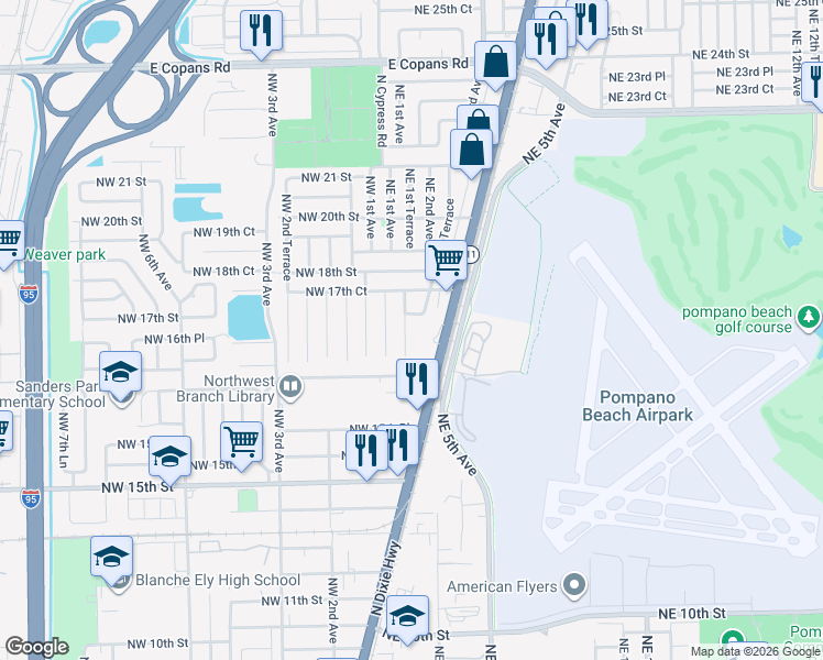 map of restaurants, bars, coffee shops, grocery stores, and more near 1681 Northeast 1st Avenue in Pompano Beach