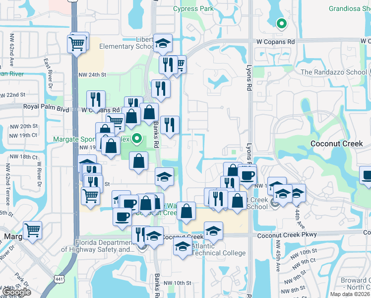 map of restaurants, bars, coffee shops, grocery stores, and more near 1720 Northwest 48th Terrace in Coconut Creek