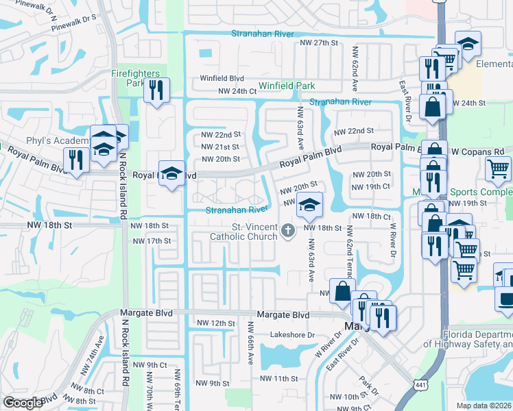 map of restaurants, bars, coffee shops, grocery stores, and more near 6570 Royal Palm Boulevard in Margate