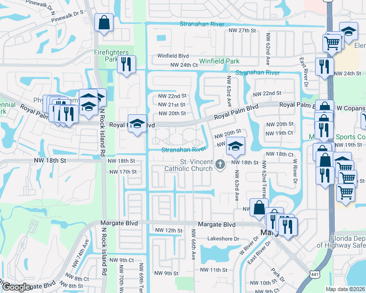 map of restaurants, bars, coffee shops, grocery stores, and more near 6670 Royal Palm Boulevard in Margate