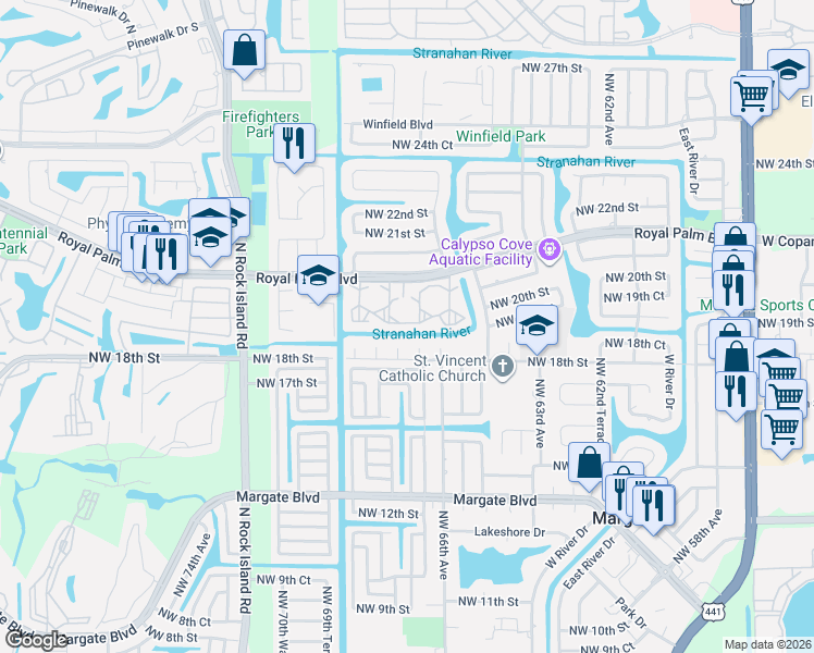 map of restaurants, bars, coffee shops, grocery stores, and more near 6750 Royal Palm Boulevard in Margate