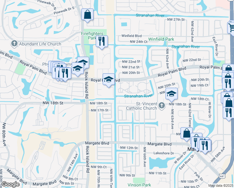 map of restaurants, bars, coffee shops, grocery stores, and more near 6870 Royal Palm Boulevard in Margate