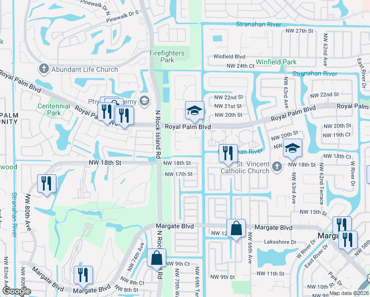 map of restaurants, bars, coffee shops, grocery stores, and more near 6950 Royal Palm Boulevard in Margate