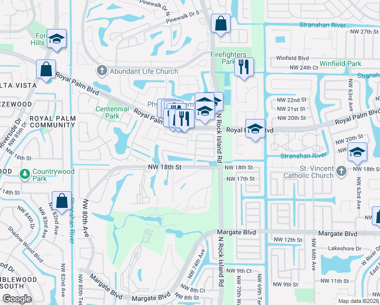 map of restaurants, bars, coffee shops, grocery stores, and more near 7439 Viscaya Circle in Margate