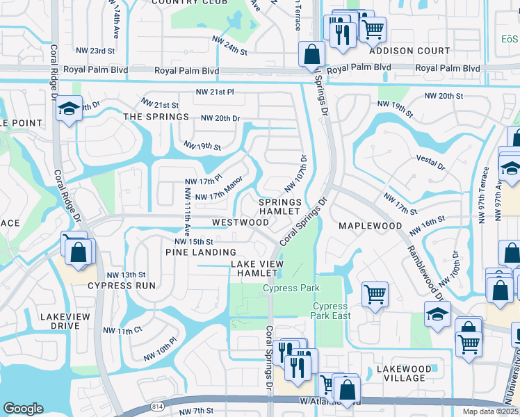 map of restaurants, bars, coffee shops, grocery stores, and more near 1641 Cypress Pointe Drive in Coral Springs
