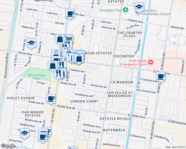 map of restaurants, bars, coffee shops, grocery stores, and more near 5505 North 4th Street in McAllen