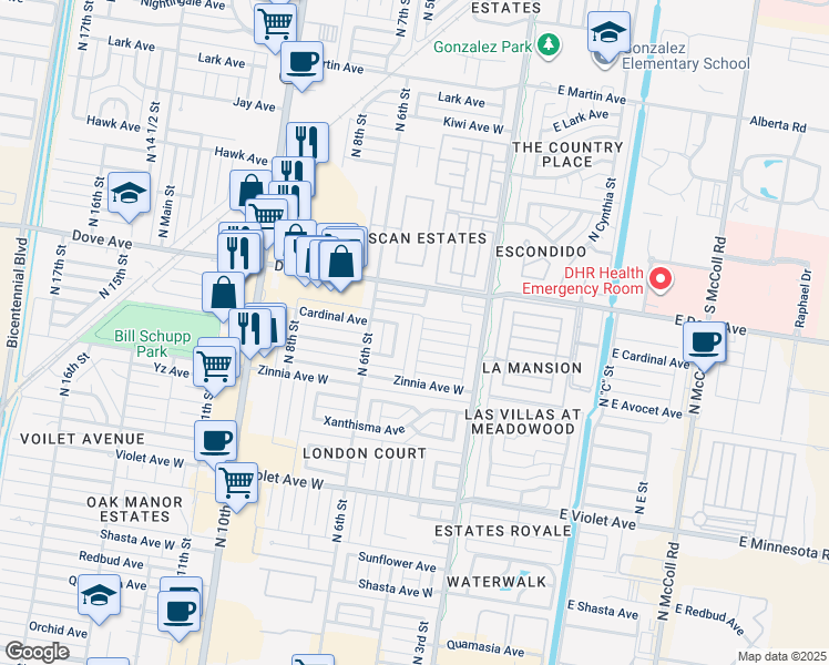 map of restaurants, bars, coffee shops, grocery stores, and more near 5505 North 4th Street in McAllen