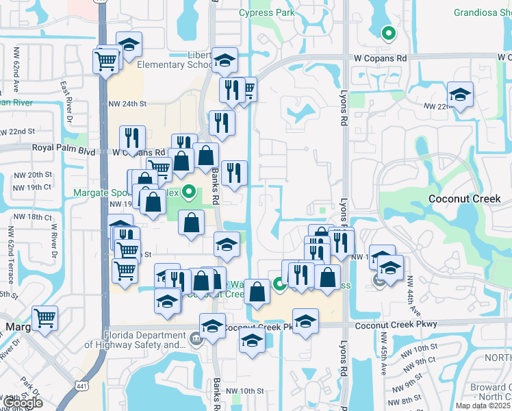 map of restaurants, bars, coffee shops, grocery stores, and more near 1720 Northwest 48th Terrace in Coconut Creek