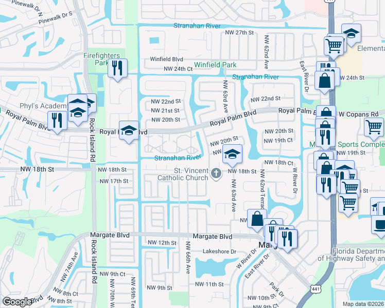 map of restaurants, bars, coffee shops, grocery stores, and more near 6570 Royal Palm Boulevard in Margate
