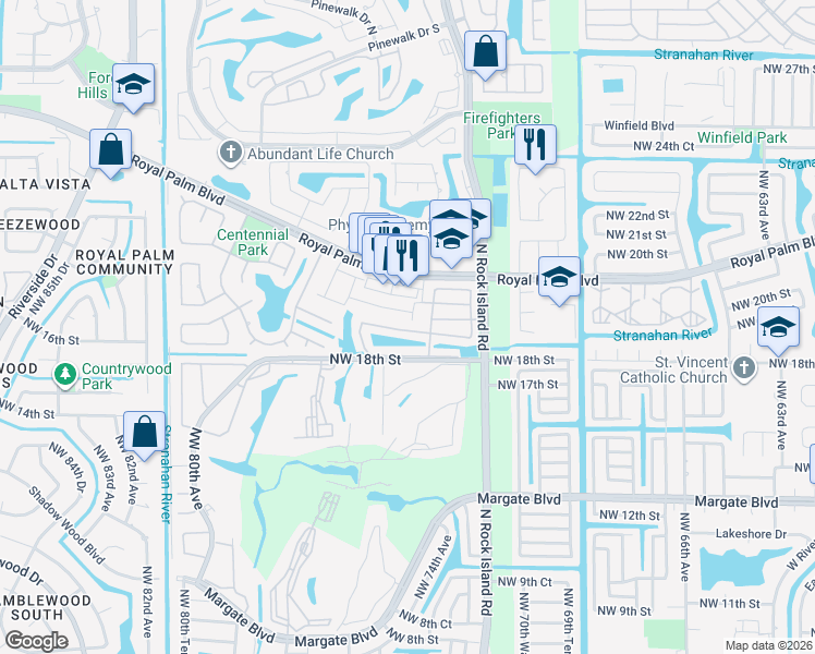 map of restaurants, bars, coffee shops, grocery stores, and more near 7439 Viscaya Circle in Margate