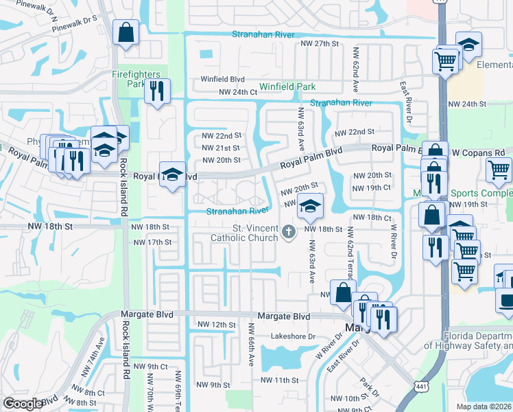 map of restaurants, bars, coffee shops, grocery stores, and more near 6570 Royal Palm Boulevard in Margate
