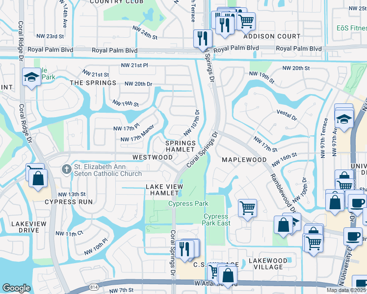 map of restaurants, bars, coffee shops, grocery stores, and more near 10675 Northwest 16th Court in Coral Springs