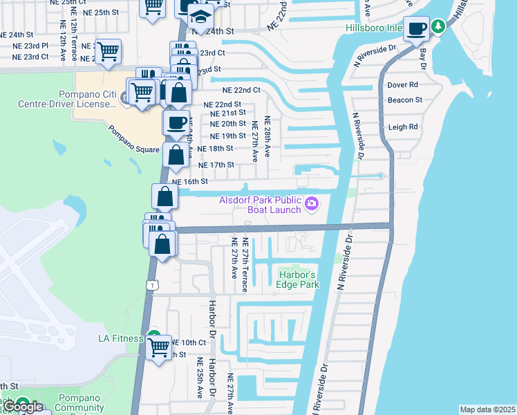 map of restaurants, bars, coffee shops, grocery stores, and more near 250 Northeast 27th Terrace in Pompano Beach