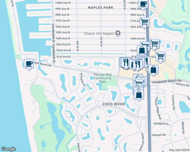 map of restaurants, bars, coffee shops, grocery stores, and more near 795 Bentwater Circle in Naples