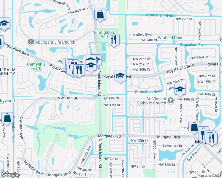 map of restaurants, bars, coffee shops, grocery stores, and more near 6981 Northwest 18th Court in Margate