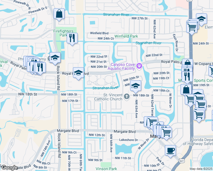 map of restaurants, bars, coffee shops, grocery stores, and more near 6670 Royal Palm Boulevard in Margate