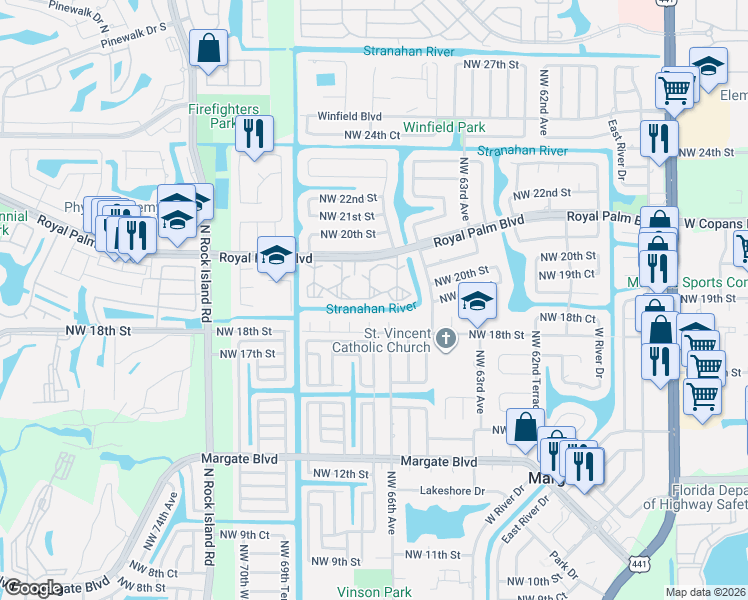 map of restaurants, bars, coffee shops, grocery stores, and more near 6670 Royal Palm Boulevard in Margate