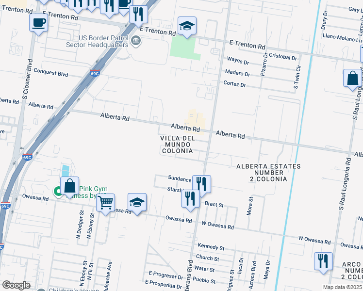 map of restaurants, bars, coffee shops, grocery stores, and more near 1007 Palm Circle in Edinburg